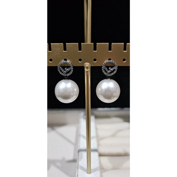 Fendi Gun Metal Rhinestone Pearl Logo Earrings - Picture 1 of 6